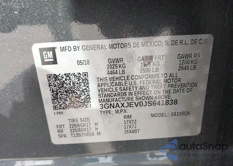 2018 Chevrolet Equinox Lt из США, поврежденный, VIN 3GNAXJEV0JS641838